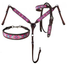 Showman Argentina Cow Leather 3 Piece Headstall and breast collar set with pink navajo beaded inlay
